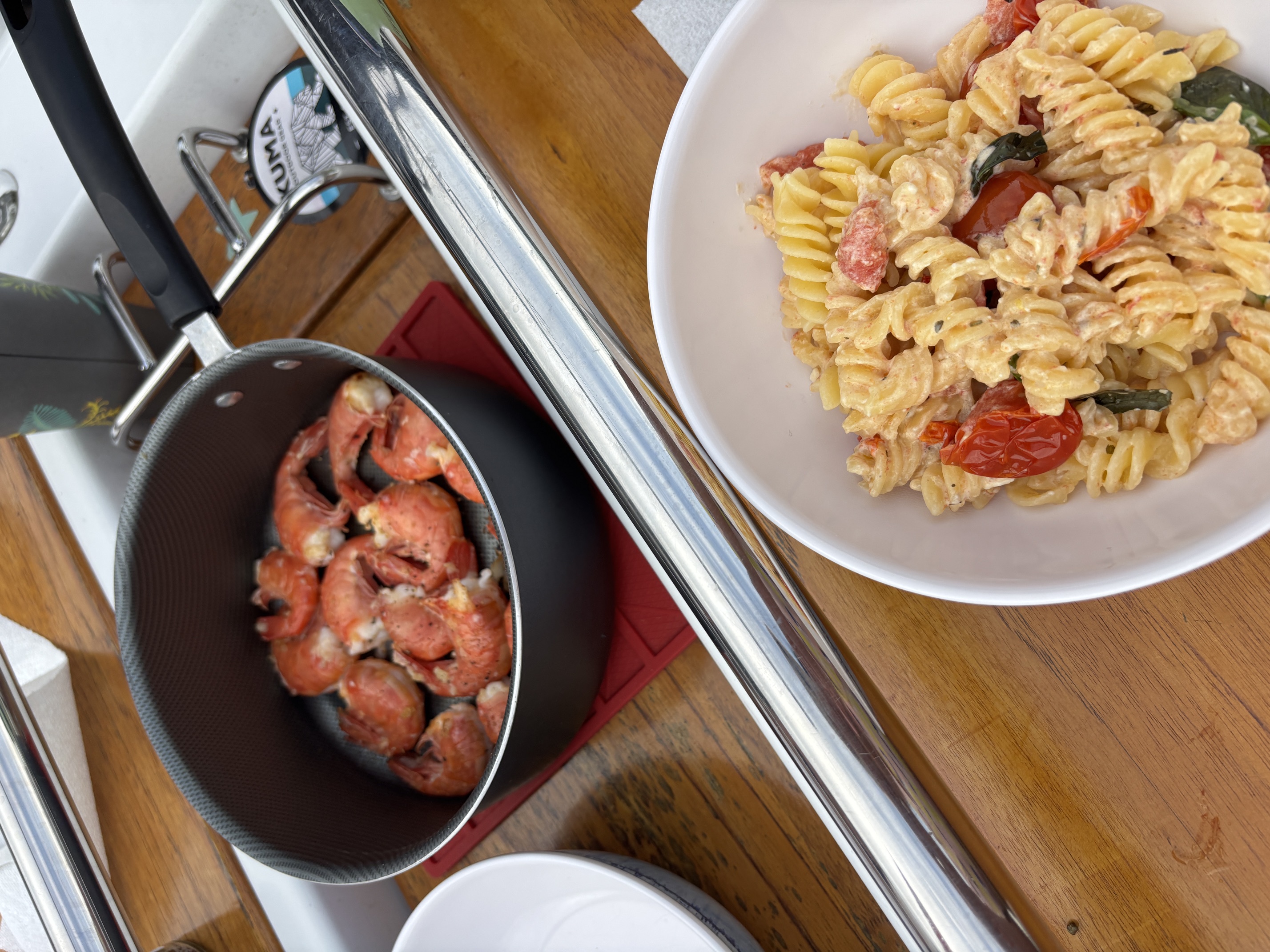 Baked feta pasta and spot prawns